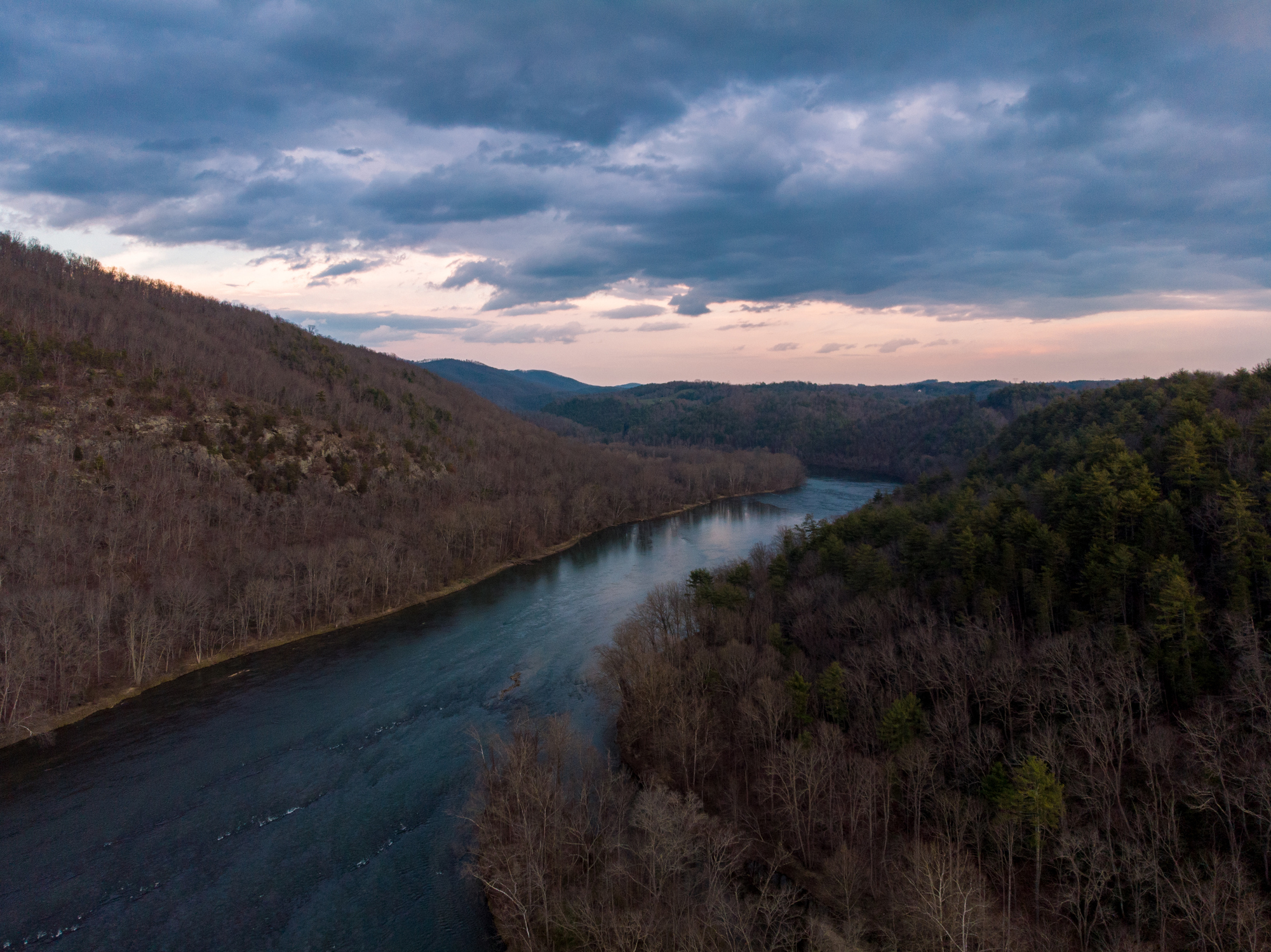 Aerial view of a bend in the New River near Galax in southwest Virginia at dusk.